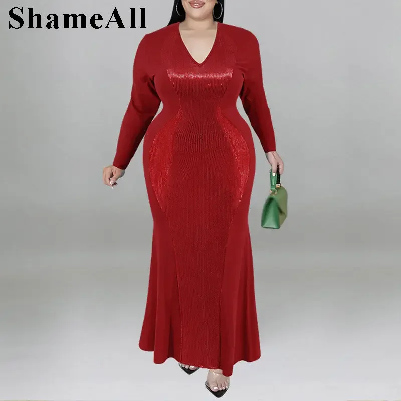 Plus Size Sequins Slim Shape Bodycon Long Maxi Dress 4XL Fall V Neck Long Sleeve Evening Party Club Gowns Outfits Robes Vestidos