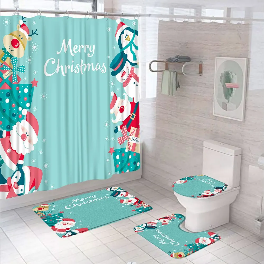 

Christmas Santa Claus Snowman Bathroom Set Shower Curtain Rug Bath Mat Toilet Cover Xmas Cartoon Animal Penguin Reindeer Screen