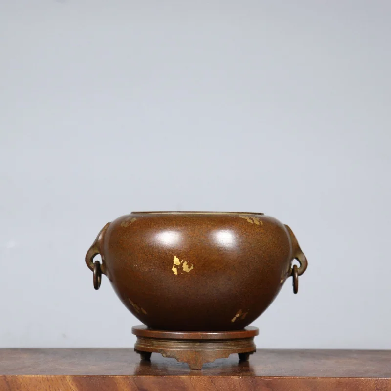 Copper , bowl-style with base, double-ear , home-use Buddhist incense burner, decorat