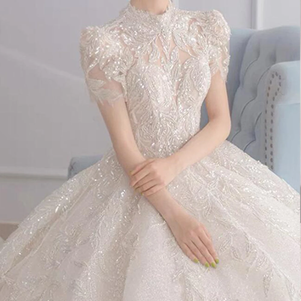 4024  2024 A-Line Luxury Elegant Wedding Dresses 2023 High Neck Short Sleeve Lace Sequined