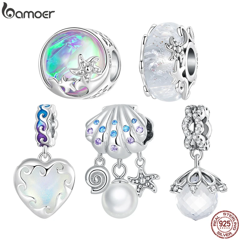 Bamoer 925 Sterling Silver Waves Glaze Spacer Beads Crystal Ball Pendant fit for Silver Charms Bracelet & Bangle Fine Jewelry