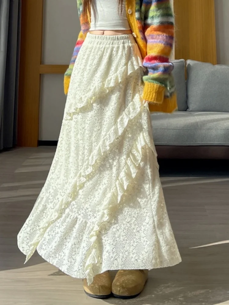 

Irregular Thicken Splicing Lace Hollow Out Long Skirt For Women New Autumn Winter High Waisted A-line Skirt Large Swing Skirt