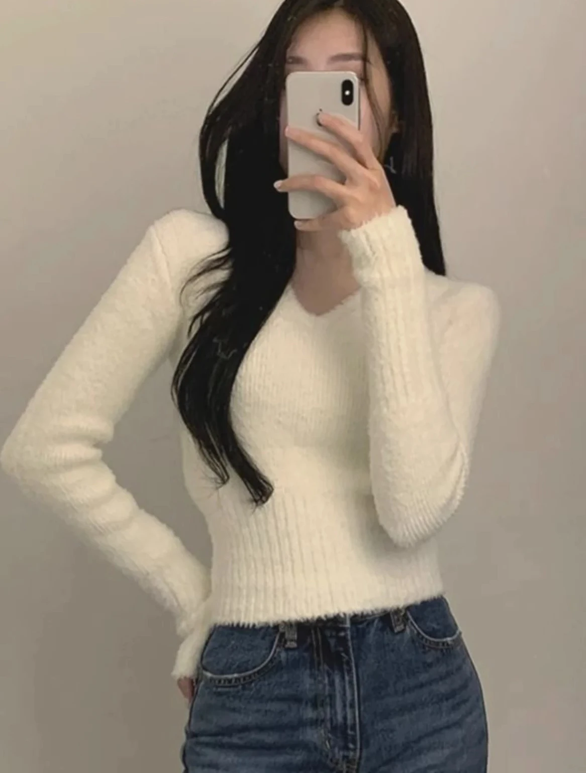 

Мягкий белый приталенный свитер, вязаный топ, женский осенне-зимний модный новый базовый слой irt