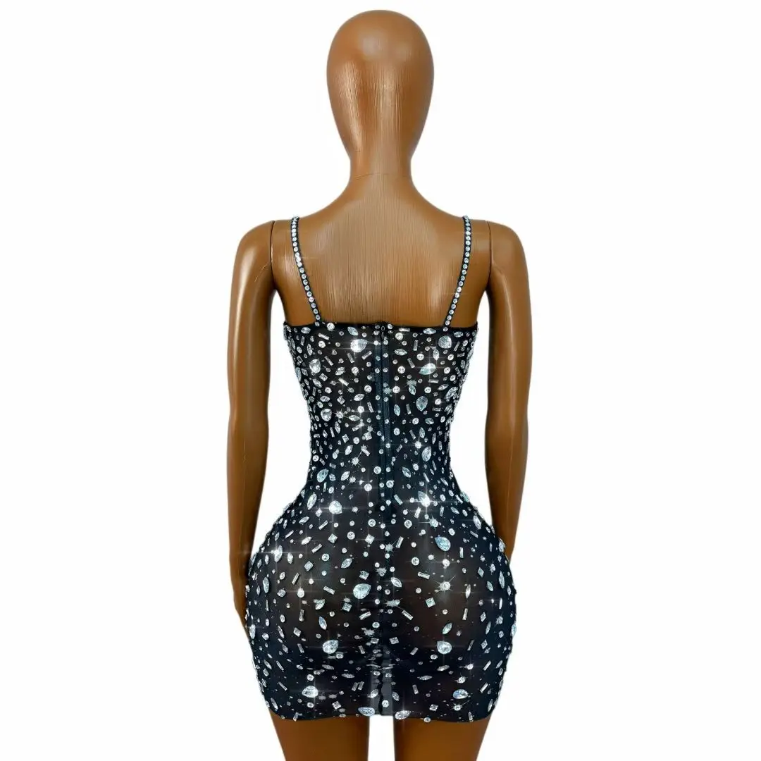 Xingshanshan Women Thin Rhinestone Spaghetti Strap Black Scattered Rhinestone Mini Dress Sheer Mesh V Neck Evening Club Gown