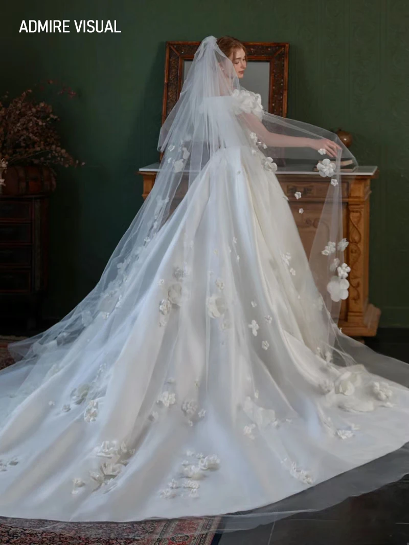 Vestido De novia corte A satén cuello en V con abertura personalizado tallas grandes con flores 3D Vestidos De Novias 2024