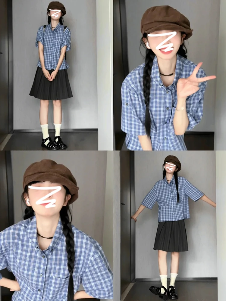 

Новая женская летняя рубашка 2026 года в стиле ретро с коротким рукавом, в клетку, универсальная, приталенная, повседневная, из смесового хлопка и полиэстера