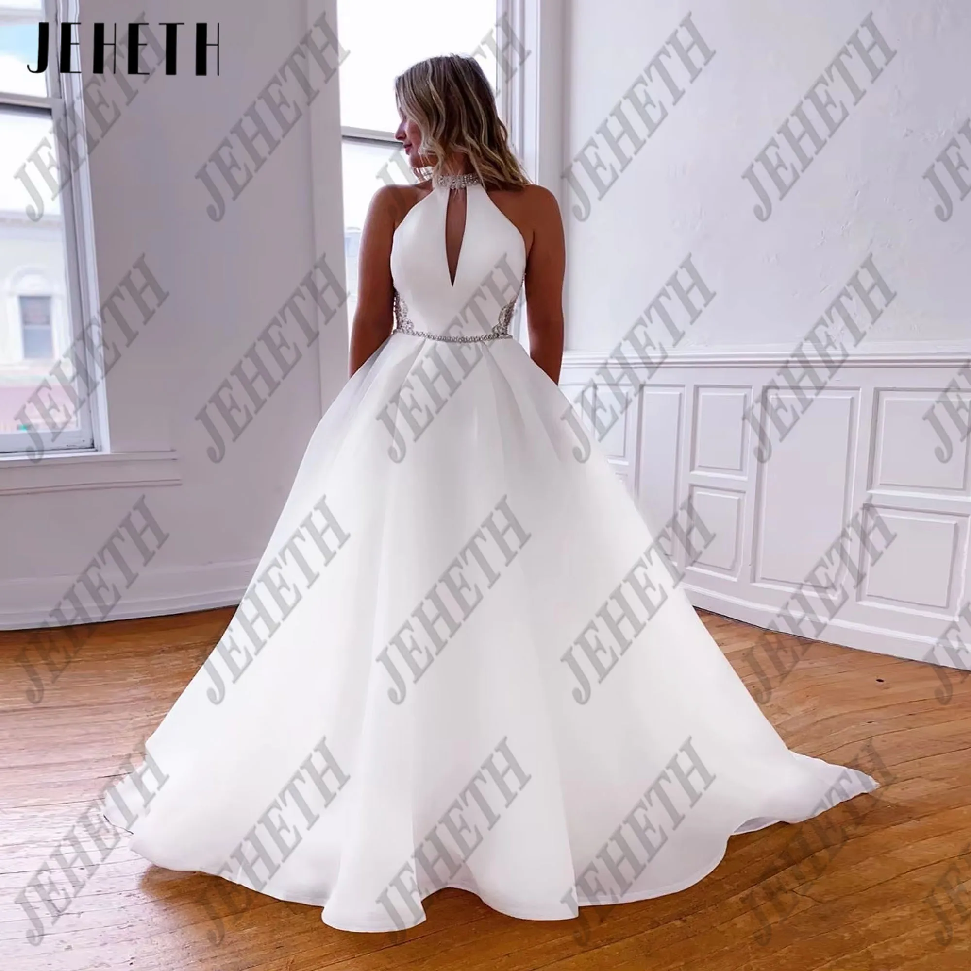 JEHETH A-Line Boho superventas 2025 vestidos De novia para mujer Organza blanca cristales De cuello alto vestidos De novia bata personalizada Jeheth a - line Bohemia 2025 vestidos de novia femeninos más vendidos vestid