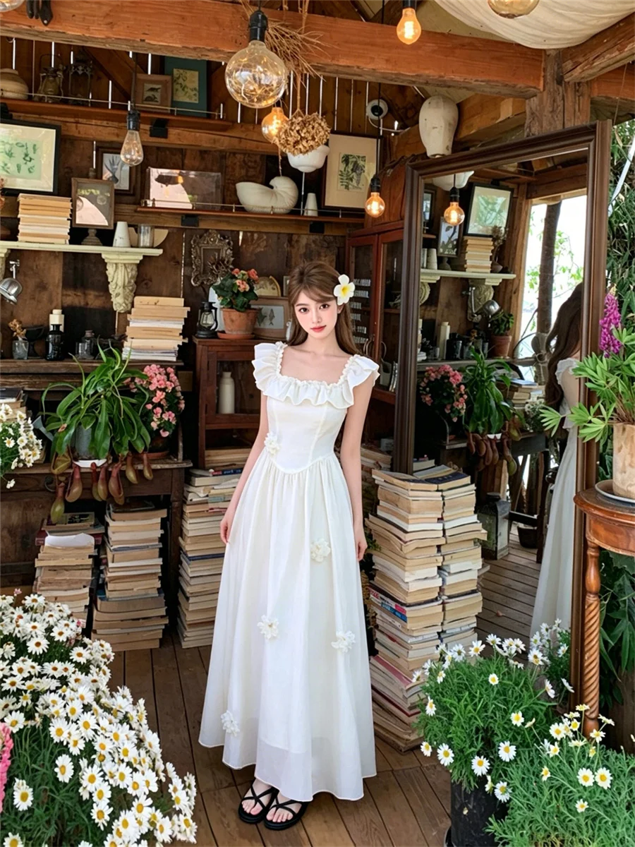 

Sweet Style Summer Floral A-Line Dress Women's Fashionable 3D Flowers Square Collar Long Skirt Bell Sleeve Standard Fit Dress