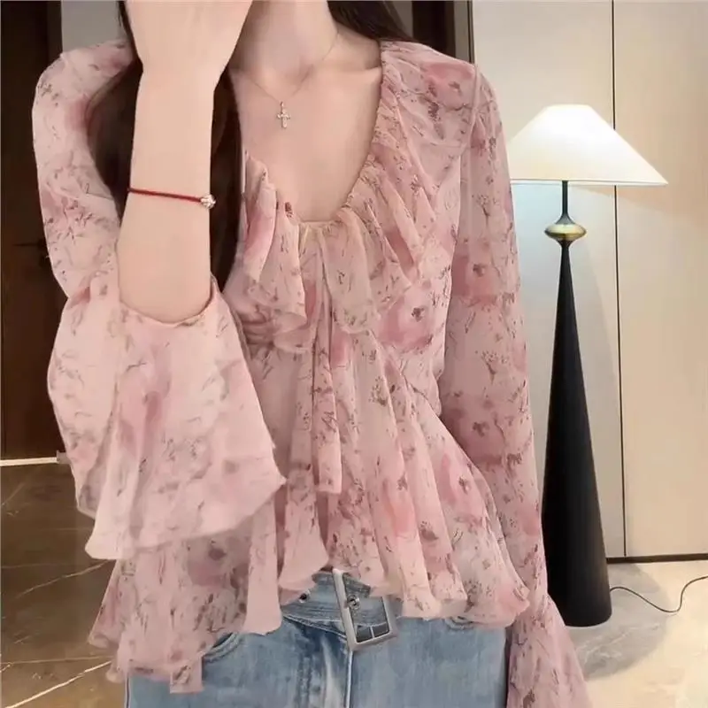 

Large Size Women's V-Ne Floral Print Pink Chiffon irt Korean Sle Loose Fit Long Sve Office Wear Spring Summer New Ar...