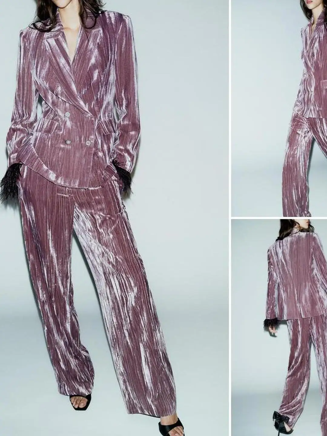 Herbst Winter Samt Feder Verziert Anzug Hohe Taille Breite Bein Hosen Casual Sle frauen Faion Set 2025, Herbst Sammlung