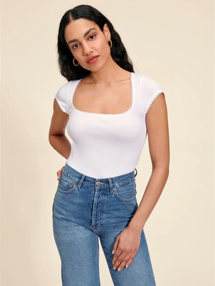 

Roje23 Новая летняя модная однотонная женская футболка с коротким рукавом и квадратным воротником, облегающая, из хлопка