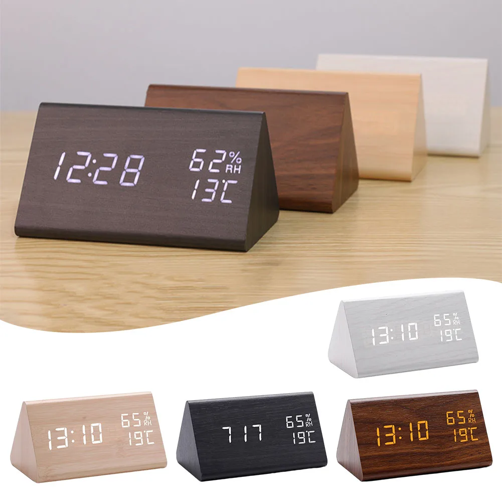 Wooden Alarm Clock 12H/24H LED Digital Clock for Bedside Table Decor Electronic Desk Clock with Temperature Humidity 15*9*8cm