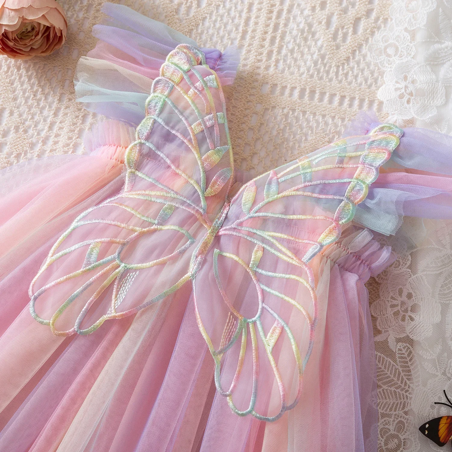 Gradient Rainbow Baby Girls Dresses Tulle Sling Back Butterfly Mesh Vestidos 2024 Children Wedding Birthday Princess Dress