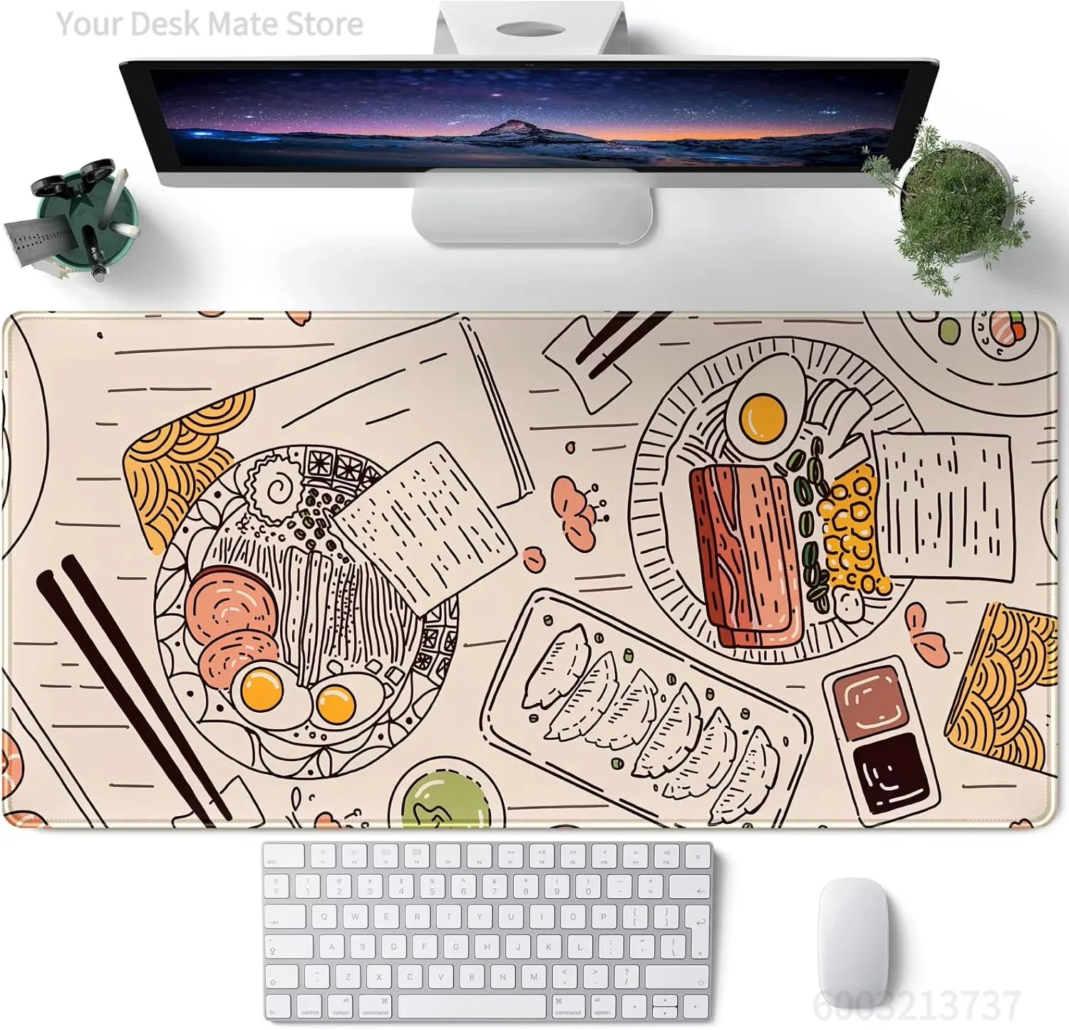 Alfombrilla de Ratón Minimalista con Ilustración de Fideos Asiáticos, Gyoza y Sushi, Impermeable, Antideslizante, con Estampado de Comida, Accesorio para Escritorio de Computadora Portátil
