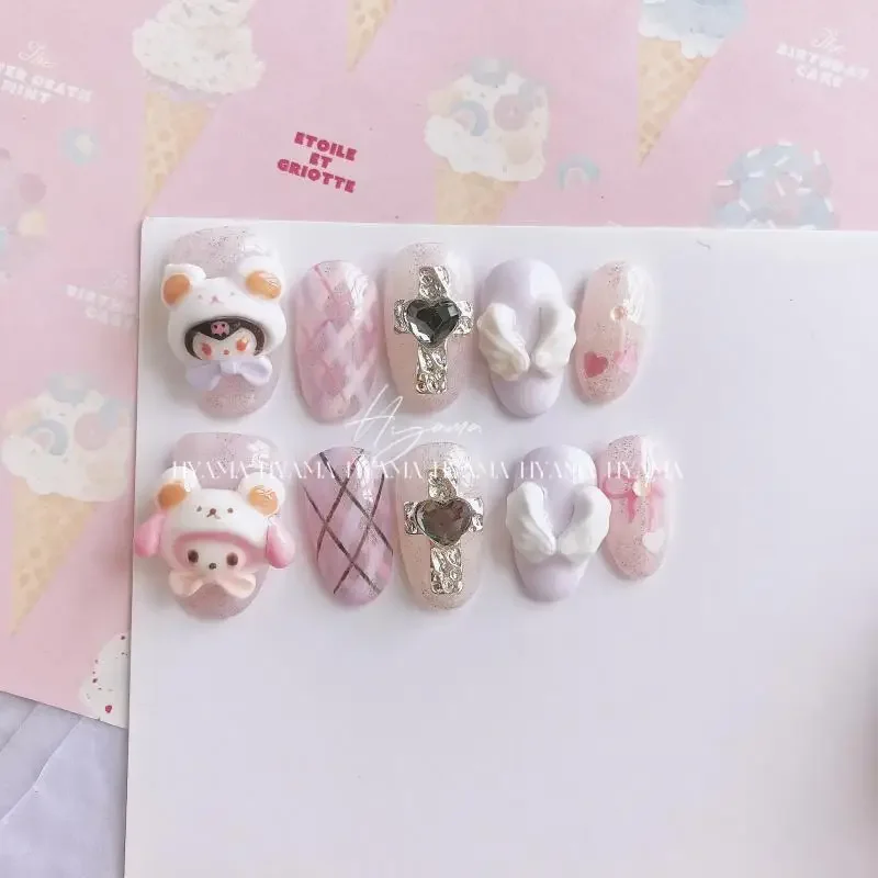 High End Sanrios Hellokitty Wearing Armor Sexy Charm My Melody False Nail Anime Cartoon Detachable Reusable Cute Manicure Gifts