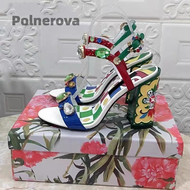 

Leather High Heels Prints Sandals for Women Gemstone Thick Heel Bohemian Rhinestone Buckle Strap Banquet Beach Shoes Summer