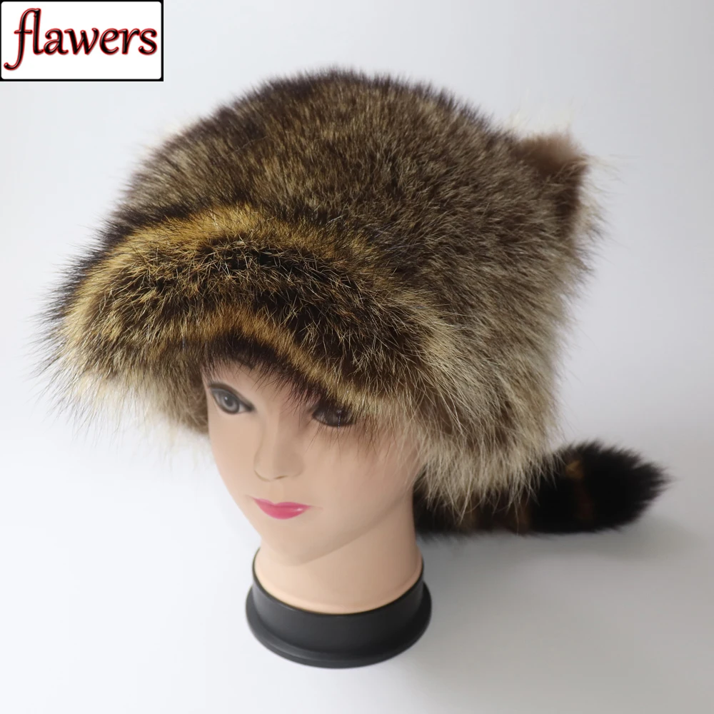 

2024 New Lady Winter Warm Real Raccoon Fur Baseball Cap Brim Cute Ears Hat Women Girls Thick Fashion Warm Raccoon Fur Tail Hats