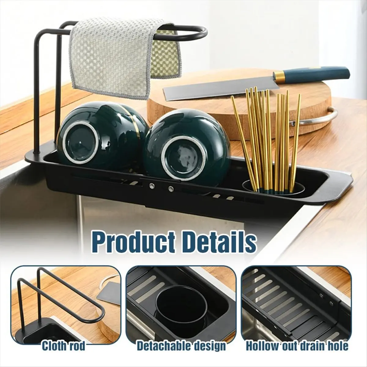 AB09 Stainless Steel Draining Rack Expandable Sponge Holder for Kitchen Sink Dish Drying Rack for Kitchen Counter C