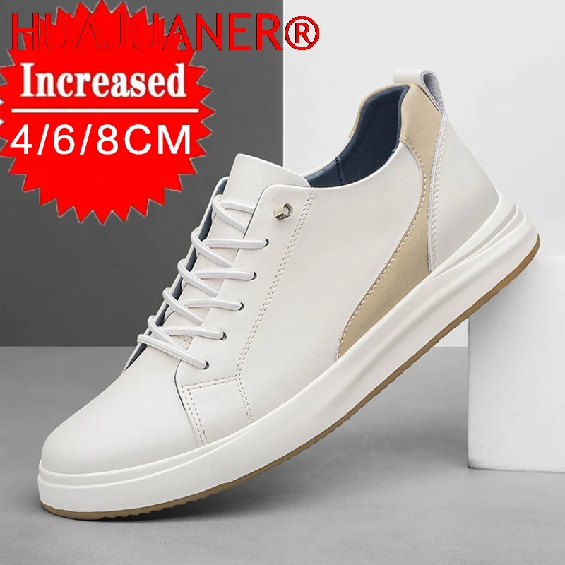 Men Sneakers Increase Height Elevator Shoes 4/6/8cm Fashion Soft Leather Casual Skate Shoes Outdoor Breathable Walking Shoes