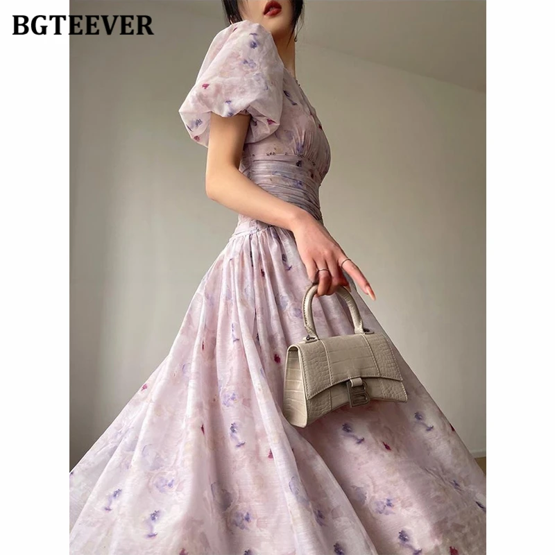 BGTEEVER French O-neck Slim Waist Female A-line Dress Elegant Puff Sleeve Women Floral Dress Mid-length Summer Vestidos