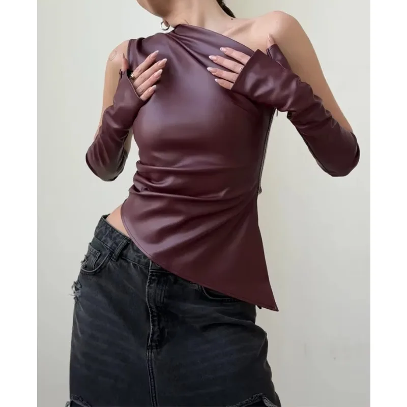 Slant Collar PU Top Sexy Asymmetrical Off Shoulder Slim Streetwear Tanks Fashion Elegant One Shoulder Vest Clubwear