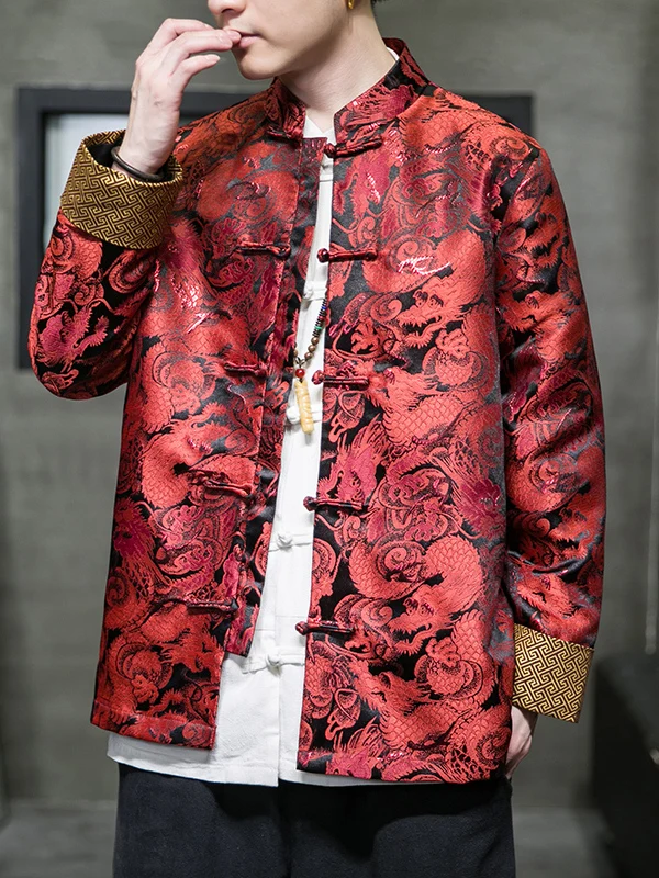 

Autumn Winter Dragon Pattern Embroidered Hanfu Jaet Men's Loose Casual Top with Button Design Traditional Chinese Sle Out...