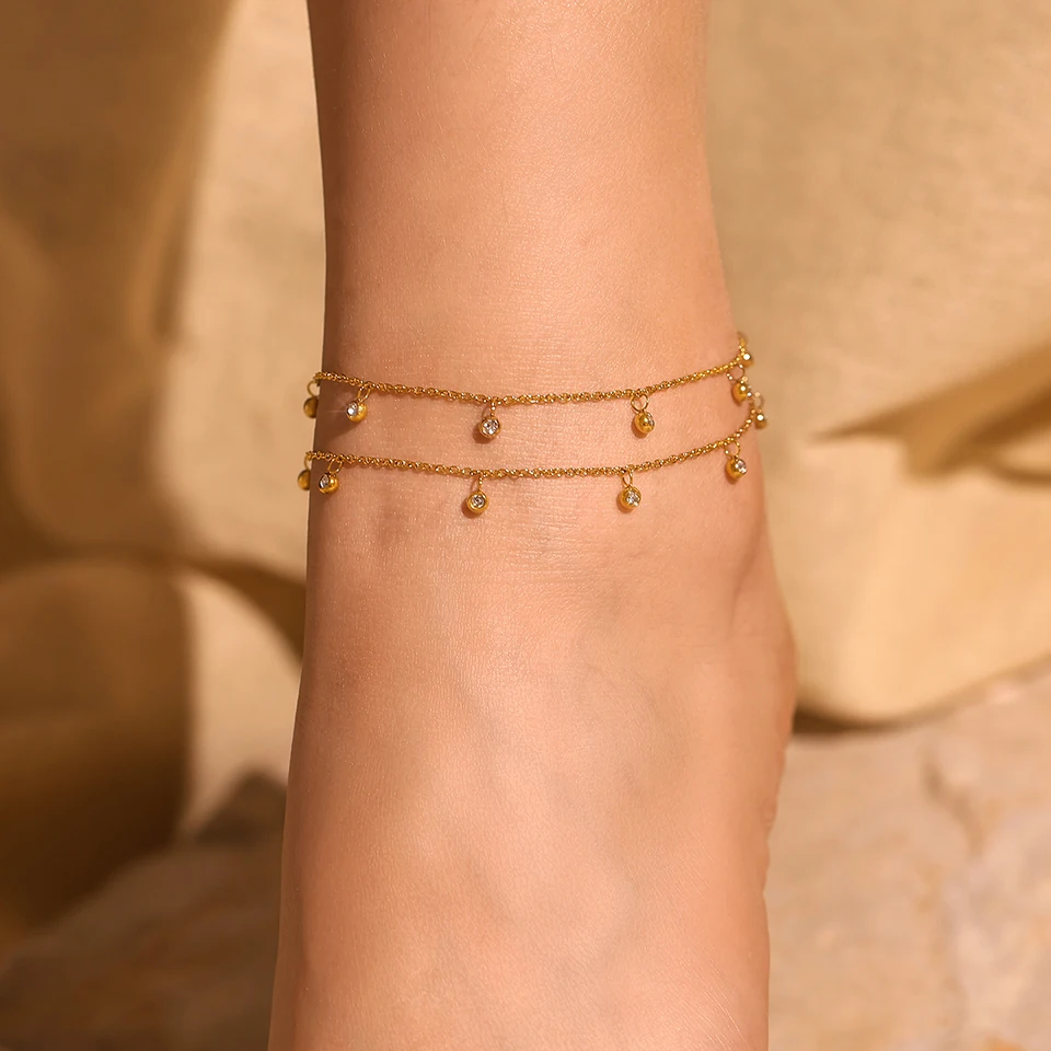 Stainless Steel Thin Chain Anklet For Women 18k Gold Plated Adjustable Women\'s Multi Zircon Charms Foot Chains Ankle Bracelet