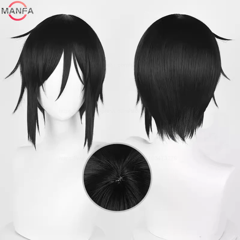 Wig Cosplay Anime Sebastian Michaelis 32cm rambut pendek hitam Wig sintetis tahan panas Wig pesta Halloween + topi Wig