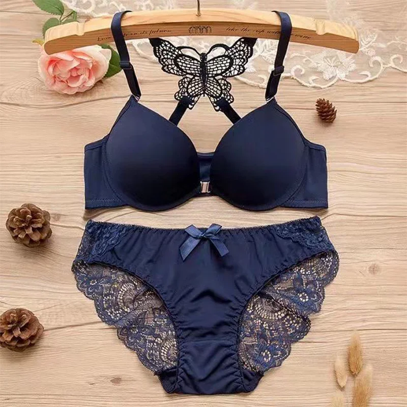 1 Piece Lace Stitching Bra  Panties Front Buckle Push Up Bra  Scallop Trim Panties Lingerie Set, Women's Lingerie  Underwear