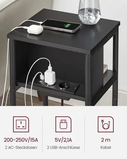 VASAGLE side table (1-St), with socket, 2 AC ports, 2 USB ports