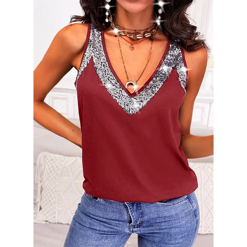 Fashion Sequins Decoration V Neck Tank Tops Women Comfortable Casual Loose Vest Sleeveless T-Shirt Female Summer Camis Tees 2024