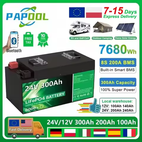 LiFePO4 24V 300Ah 200Ah 100Ah 140Ah 12V 48V Lithium Battery Bluetooth Grade A 6000 Cycle For Solar RV Golf Cart Boat EU PL STOCK