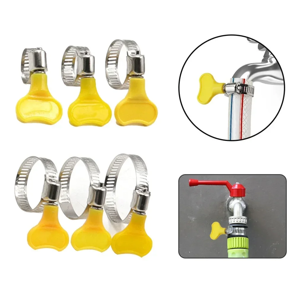 5pcs Homebrew Pipe Clamp 10-38mm Adjustable Yellow Plastic Handle Hand Wriggle Hose Clamps Stainless Steel Pipe Clip NEW