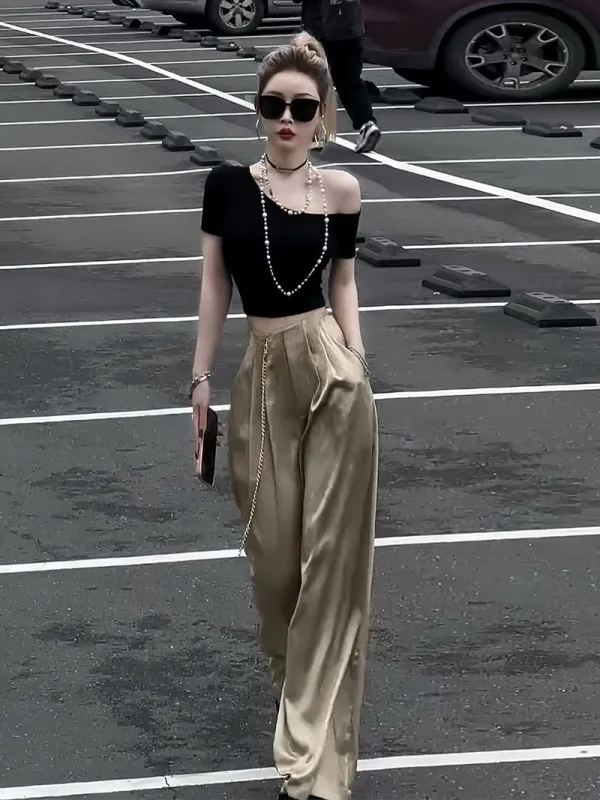 Slimming Effect Light Maturity Summer New Design Shoulder Exposure Slim Fit Top High Waist Wide Leg Pants Two Piece Set for W...