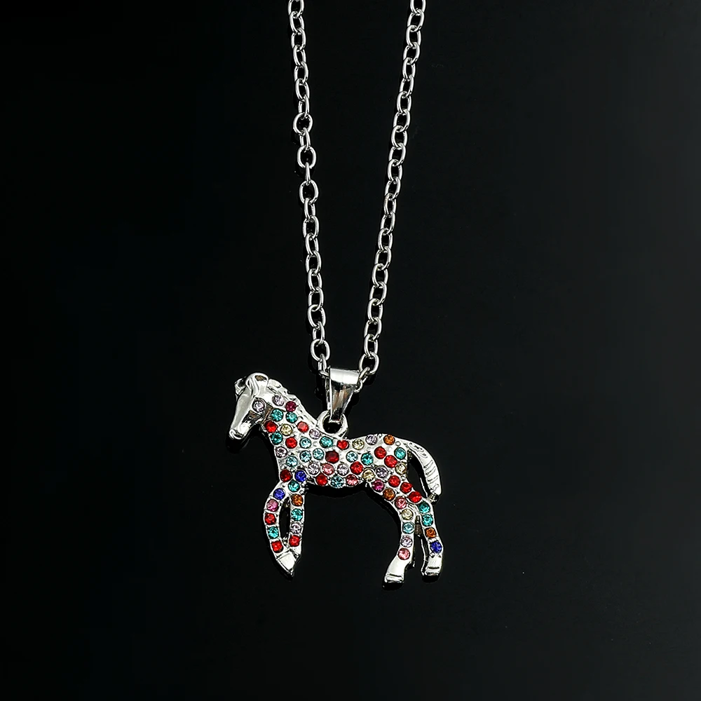 New Pretty Bling Colorful Crystal Animal Necklace Shiny Horse Pendant Choker For Women Girls Party Jewelry Gift