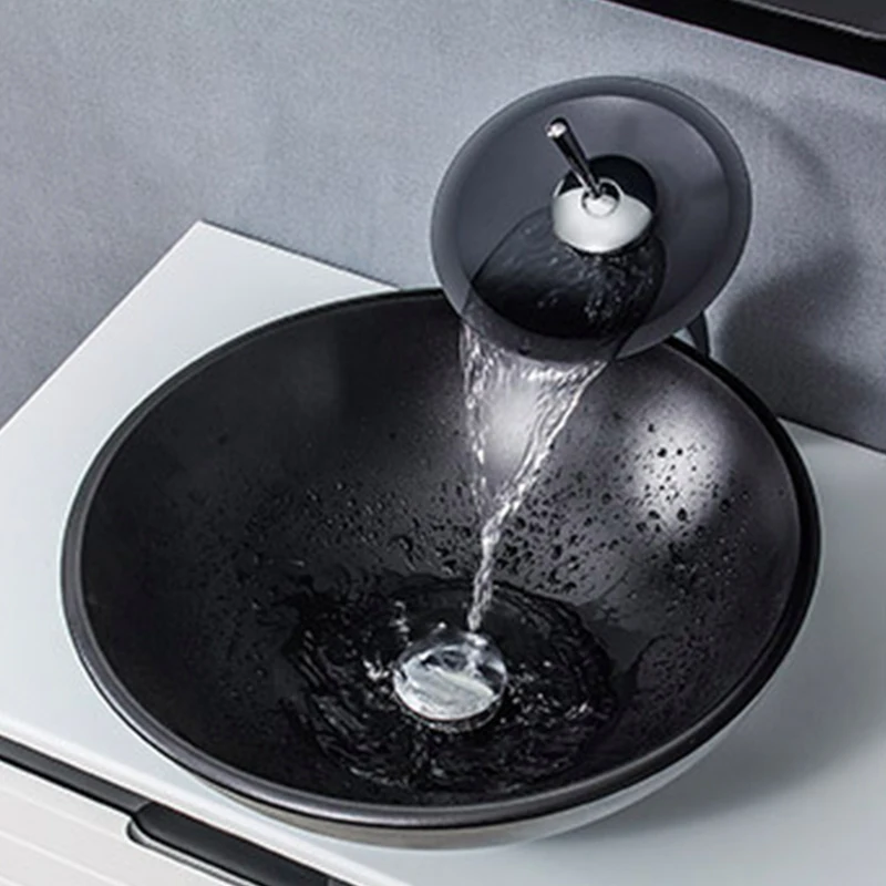 Bathroom Sink Washbasin Washroom Frosted Matte Black Tempered Glass Rectangular Round Countertop Vessel Basin With Waterfall Tap