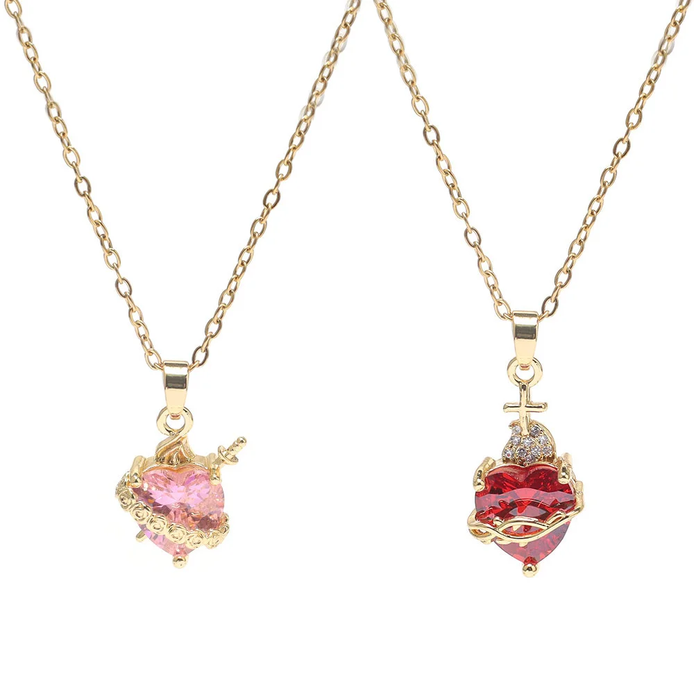 Luxury Pink Zircon Heart Necklace For Women Gothic Sword Go Through Love Choker Elegant Crystal Flower Necklaces Y2k Jewelry