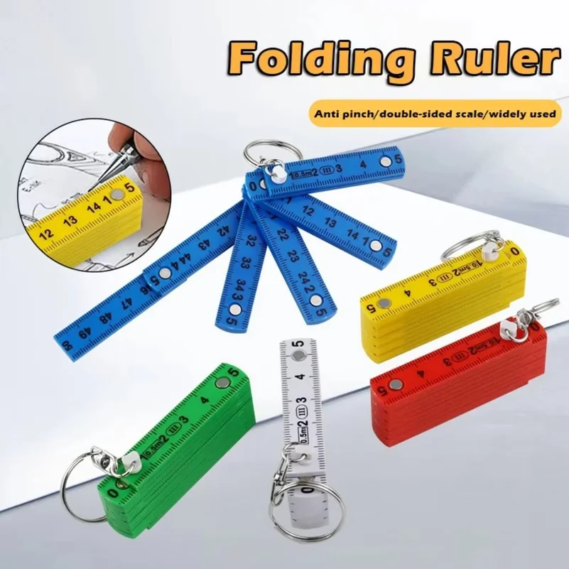 Multi Functional 0.5m 10-Fold Folding Ruler with Keychain Anti Pinch Plastic Ruler Double-sided Scale Gauge Daily Measuring