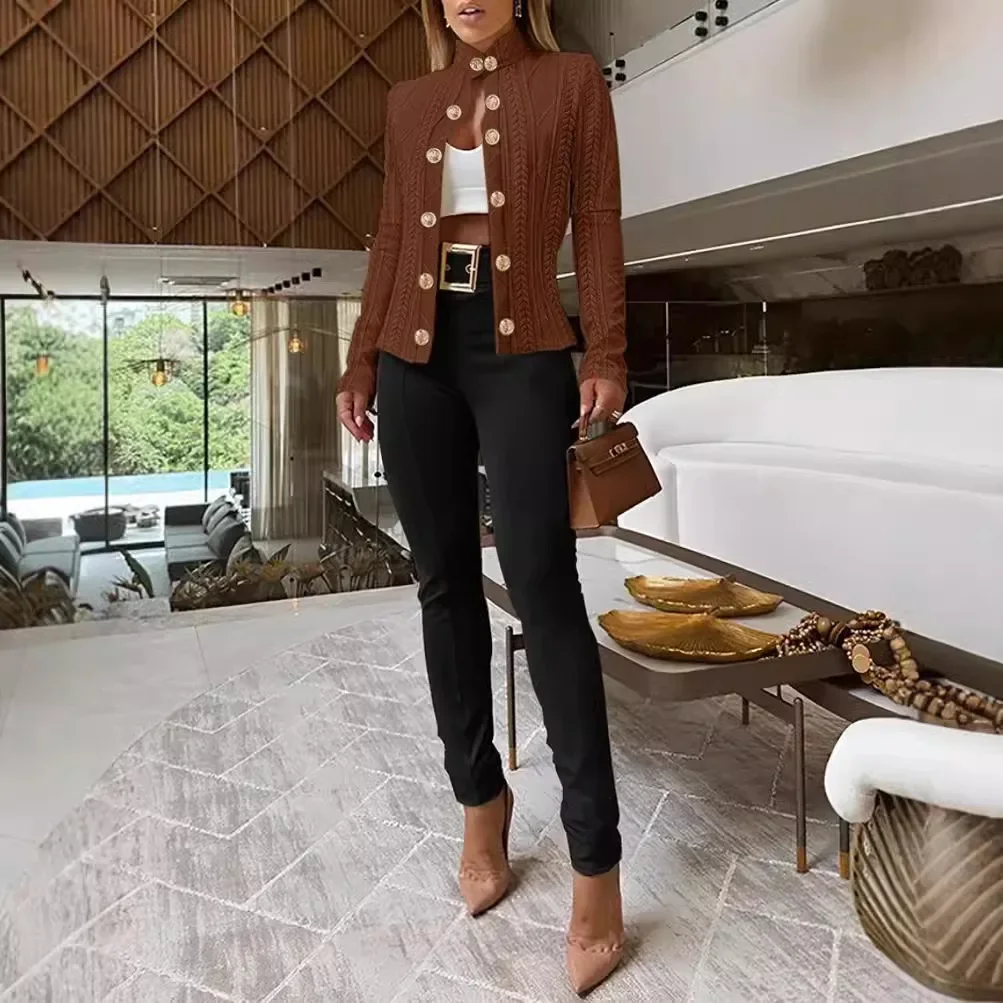 Fashion Women Stand Collar Long Sleeve Outerwear Metal Buttons Slim Casual Jacket