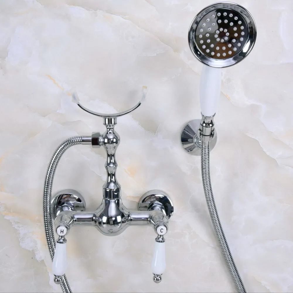 

Polished Chrome Brass Wall Mount Bathtub Faucet with Handheld Shower Set +1.5M Hose Mixer Tap 2na266