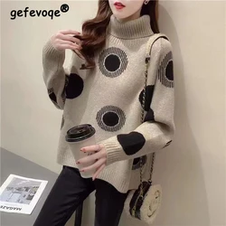 Autumn Winter High Collar Loose Casual Printing Pullover Sweater Ladies Fashion All-match Knitting Top Women Add Plush Jumpers