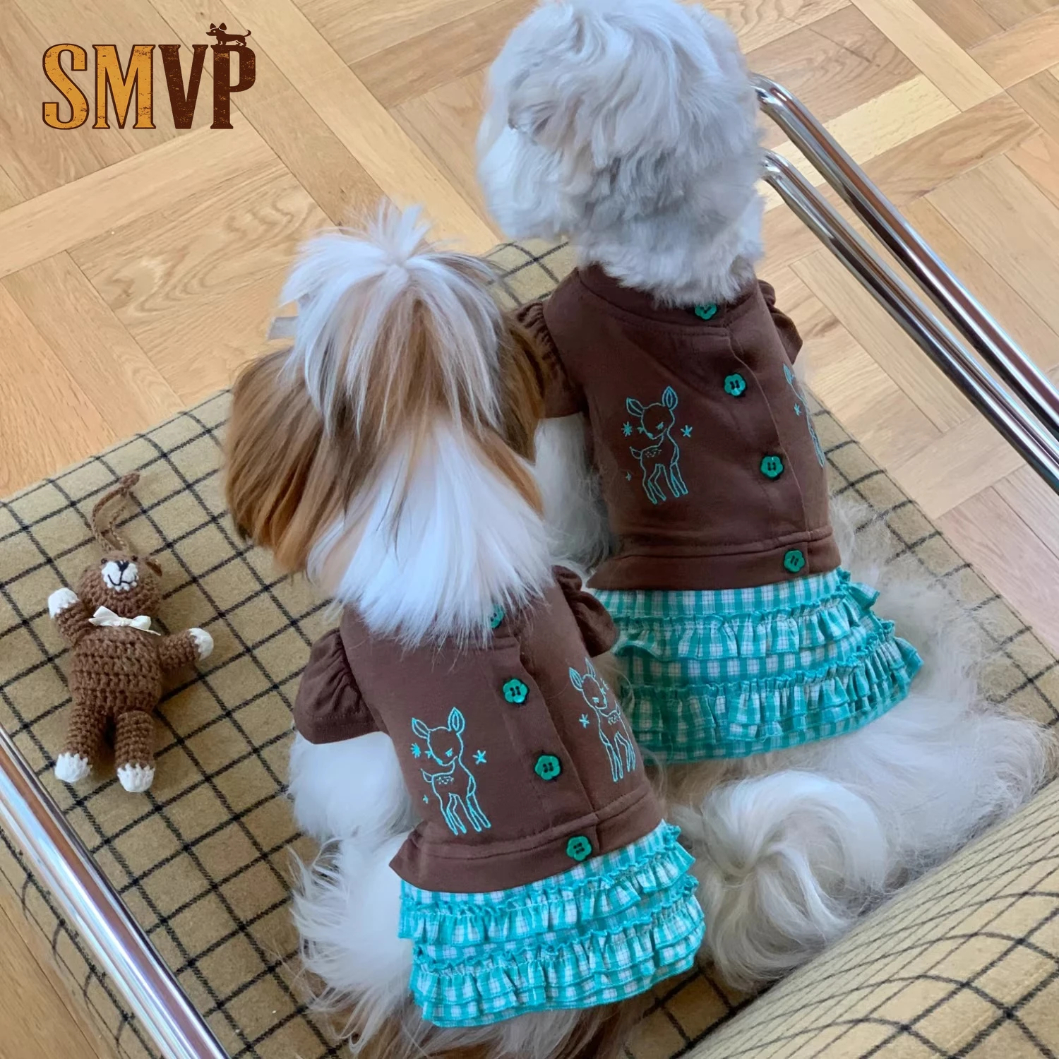 

Summer Fawn Embroidery Decorative Fake Two Piece Mint Blue Cake Dress Casual Vacation Style Small Medium Pet Dog Dress