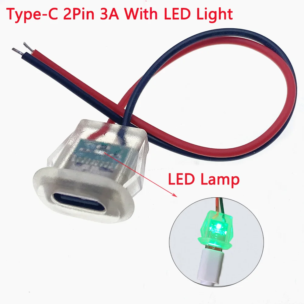 Impermeável USB Tipo C Tomada de Carregamento com Placa Luzes LED, Conector Fêmea Jack, Entrada Tipo-C, USB-C Power Port, 3A