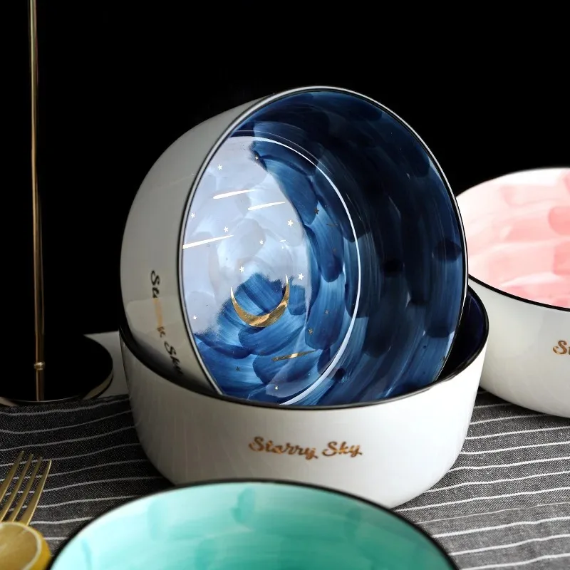 Nordic Starry Sky Underglaze Ceramic Rice Bowl Household Large Heat Fruit Salad Insulation Anti-scald  Dessert  Noodle Soup