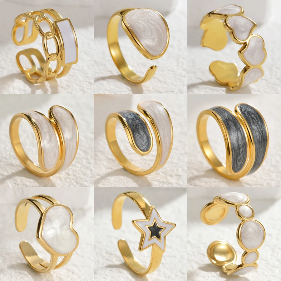 Freeteeme Vintage Oil Drip Rings for Women Stainless Steel Luxury Irregular Gold Color Adjustable Heart Star Couple Ring Jewelry