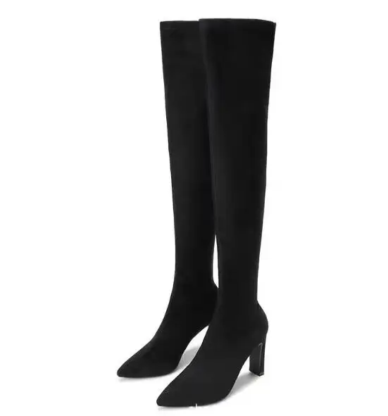 

Moraima Snc Pointed Toe High Heel Long Boots Women Stretch Fabric Over the Knee Chunky Heels Boots Socks Boots