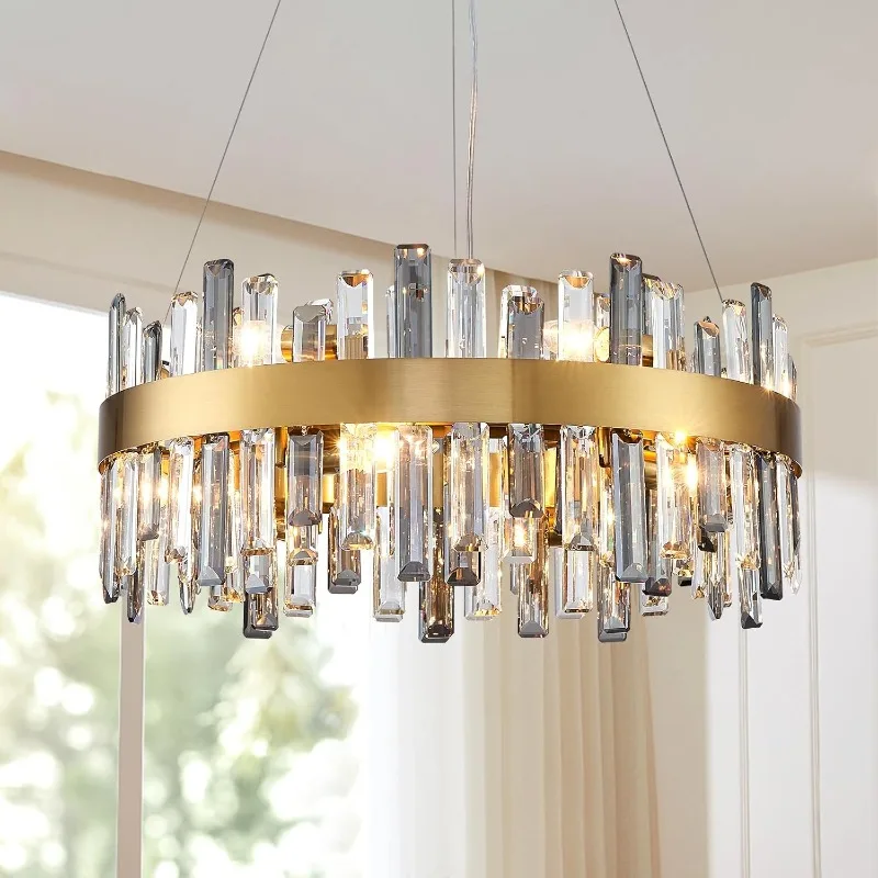 Modern Crystal Chandelier 23.6''Gold Round Brass Chandelier Dining Room 12-Light Luxury 2-Tier Semi Flush Mount Pendant Ceiling