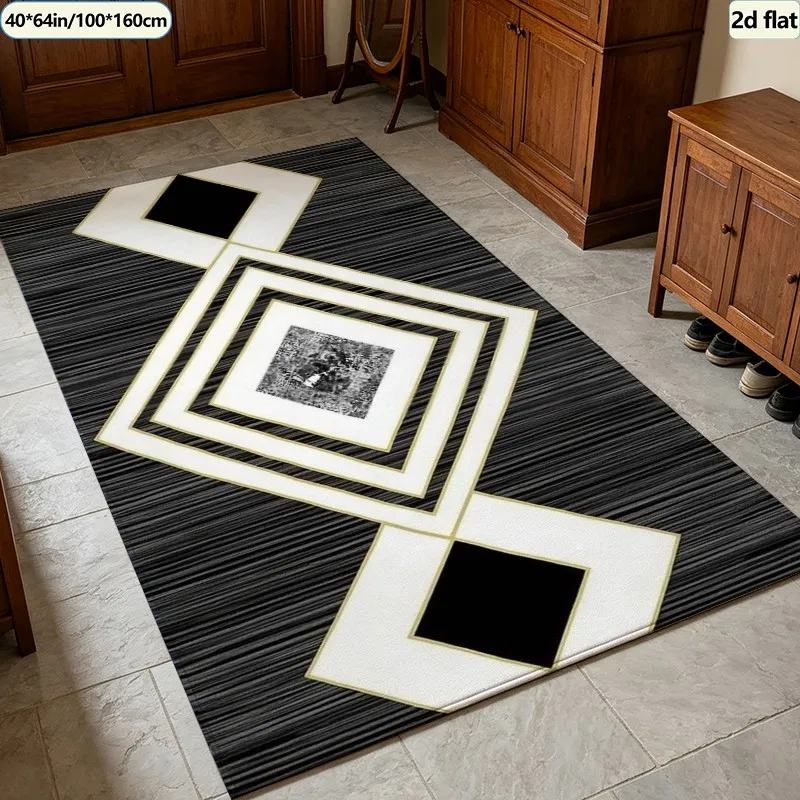 Luxury Black Gold White Diamond Geometric Carpet Flooring, Modern Abstract Rhombus Area Rug Non‑Slip Floor Mat for Living Room Bedroom Home Decor