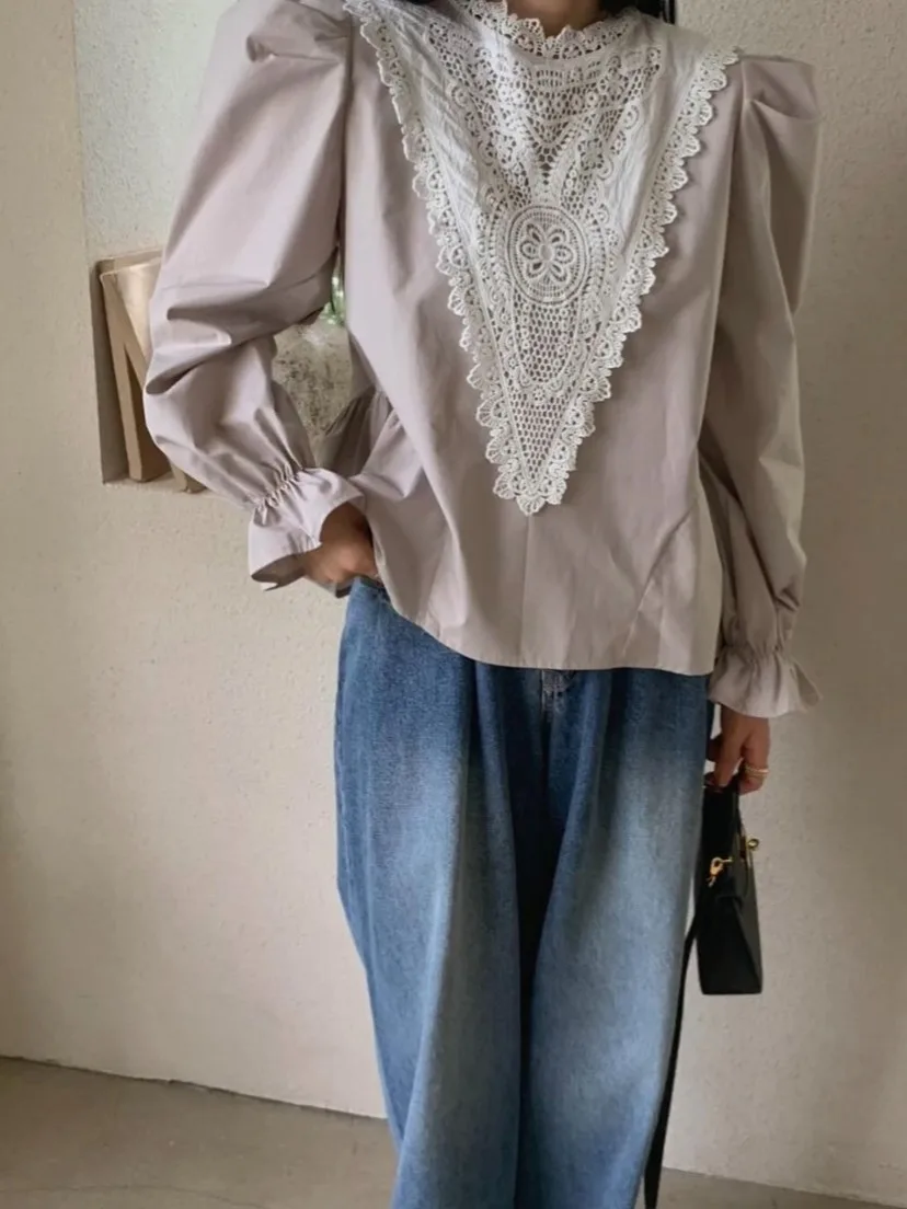 Coreano Sle Dolce Patchwork con volant Camicetta versatile Faion da donna Primavera Autunno Inverno Abbigliamento interno casual Vestibilità regolare