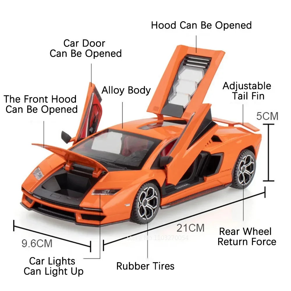 1:24 람보르기니 카운타치 LP500S LPI 800-4 다이캐스트 합금 스포츠카 모델 장난감 사운드 라이트 풀백 도어 오픈 수집용 선물